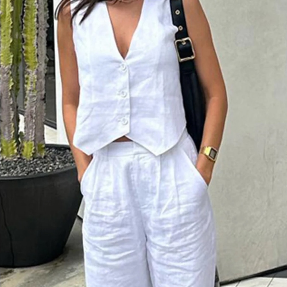 Commense Classic white, two piece linen pant and vest